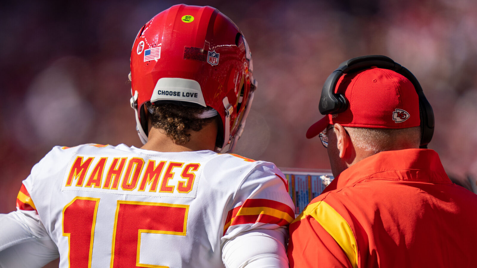 October 23, 2022; Santa Clara, California, USA; Kansas City Chiefs quarterback Patrick Mahomes (15) and head coach Andy Reid (right) during the second quarter against the San Francisco 49ers at Levi's Stadium.