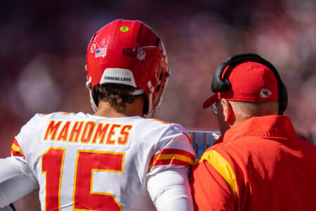 October 23, 2022; Santa Clara, California, USA; Kansas City Chiefs quarterback Patrick Mahomes (15) and head coach Andy Reid (right) during the second quarter against the San Francisco 49ers at Levi's Stadium.