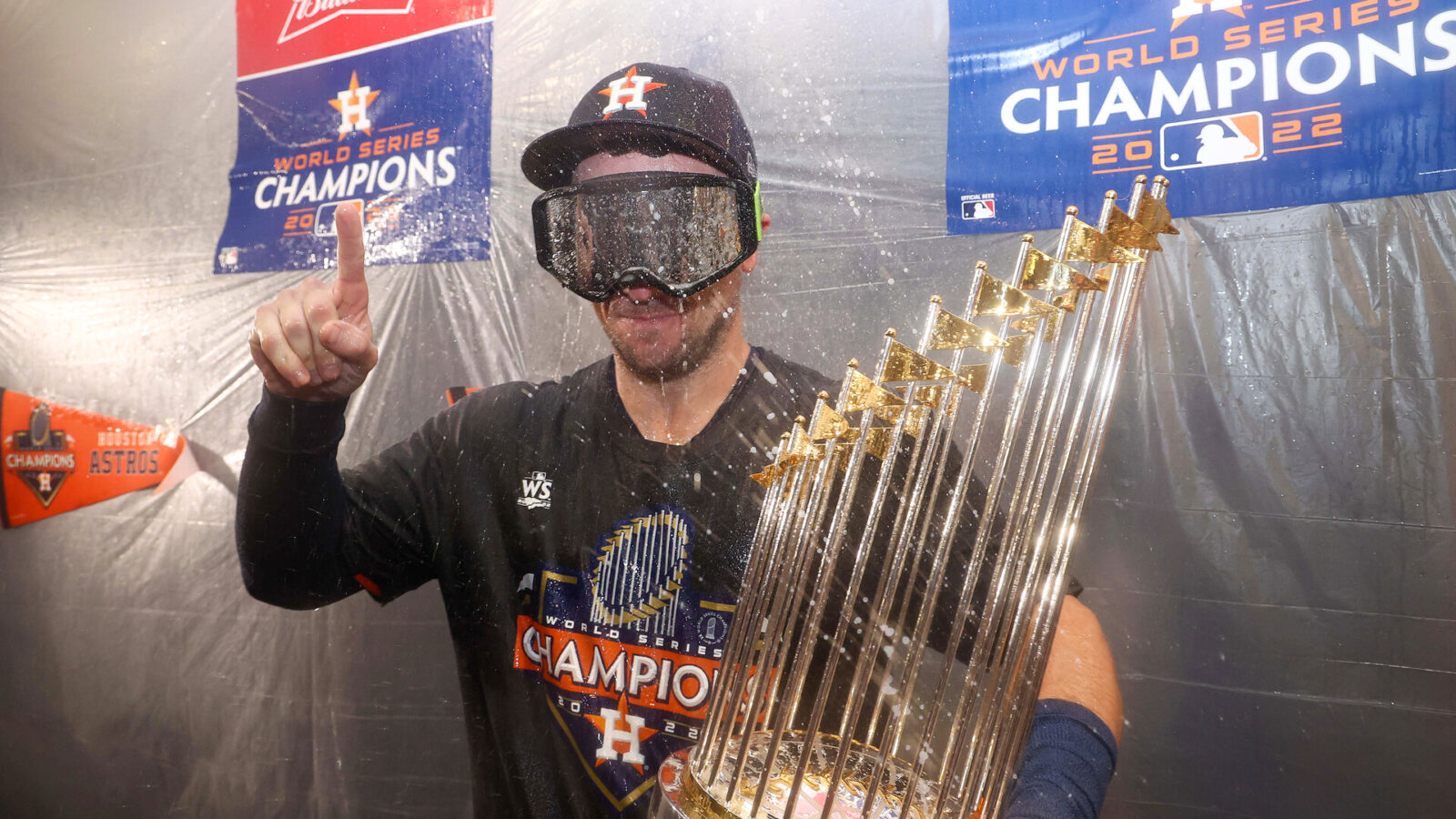Nov 5, 2022; Houston, Texas, USA; Houston Astros third baseman Alex Bregman (2) celebrates in the locker room after the Astros defeated the Philadelphia Phillies in game six winning the 2022 World Series at Minute Maid Park.