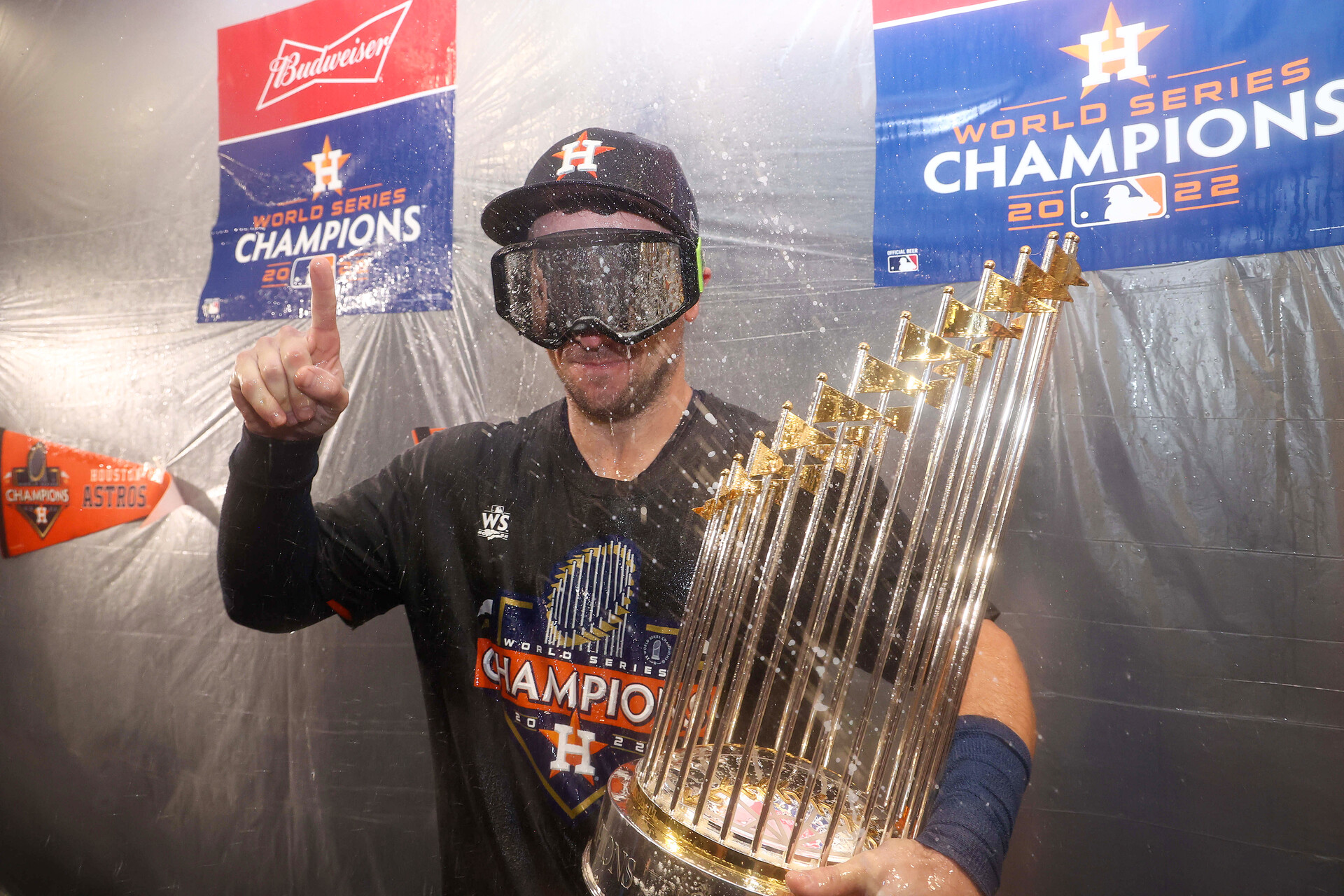 Nov 5, 2022; Houston, Texas, USA; Houston Astros third baseman Alex Bregman (2) celebrates in the locker room after the Astros defeated the Philadelphia Phillies in game six winning the 2022 World Series at Minute Maid Park.