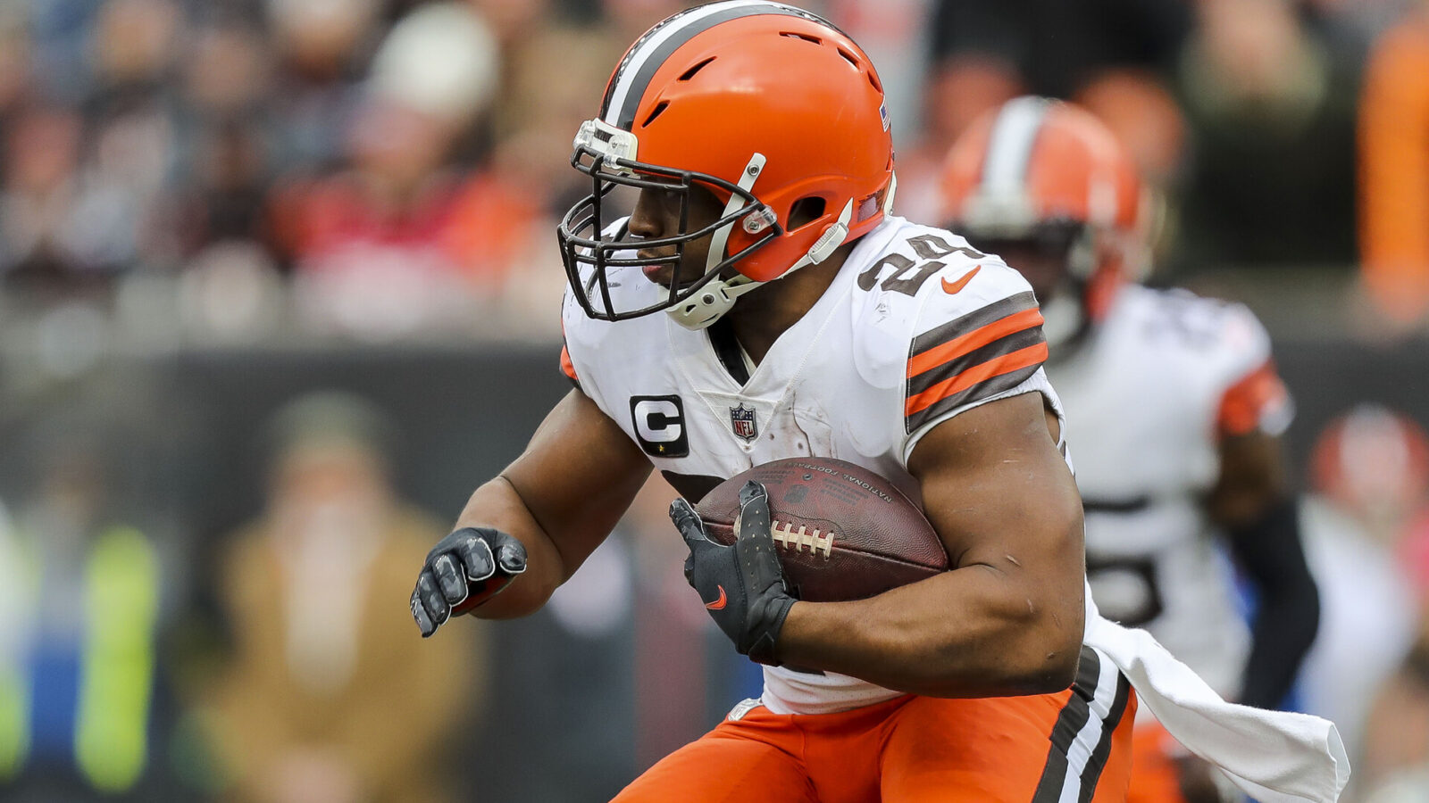 Dec 11, 2022; Cincinnati, Ohio, USA; Cleveland Browns running back Nick Chubb (24) runs with the ball against the Cincinnati Bengals in the first half at Paycor Stadium.