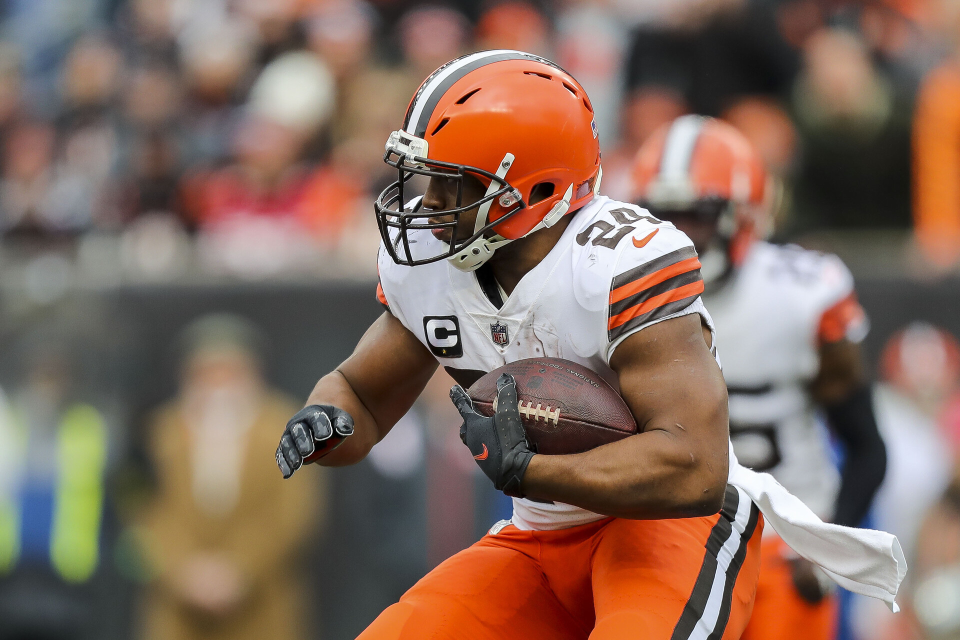 Dec 11, 2022; Cincinnati, Ohio, USA; Cleveland Browns running back Nick Chubb (24) runs with the ball against the Cincinnati Bengals in the first half at Paycor Stadium.