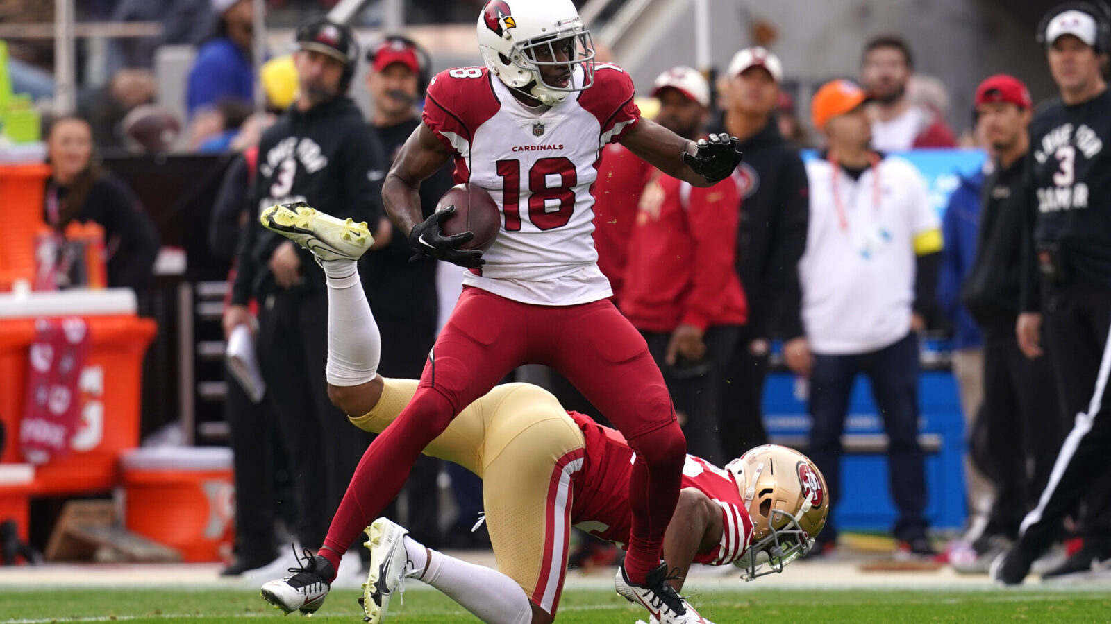 Arizona Cardinals wide receiver A.J. Green (18) catches a touchdown pass in front of San Francisco 49ers cornerback Deommodore Lenoir (38) in the first quarter at Levi's Stadium.
