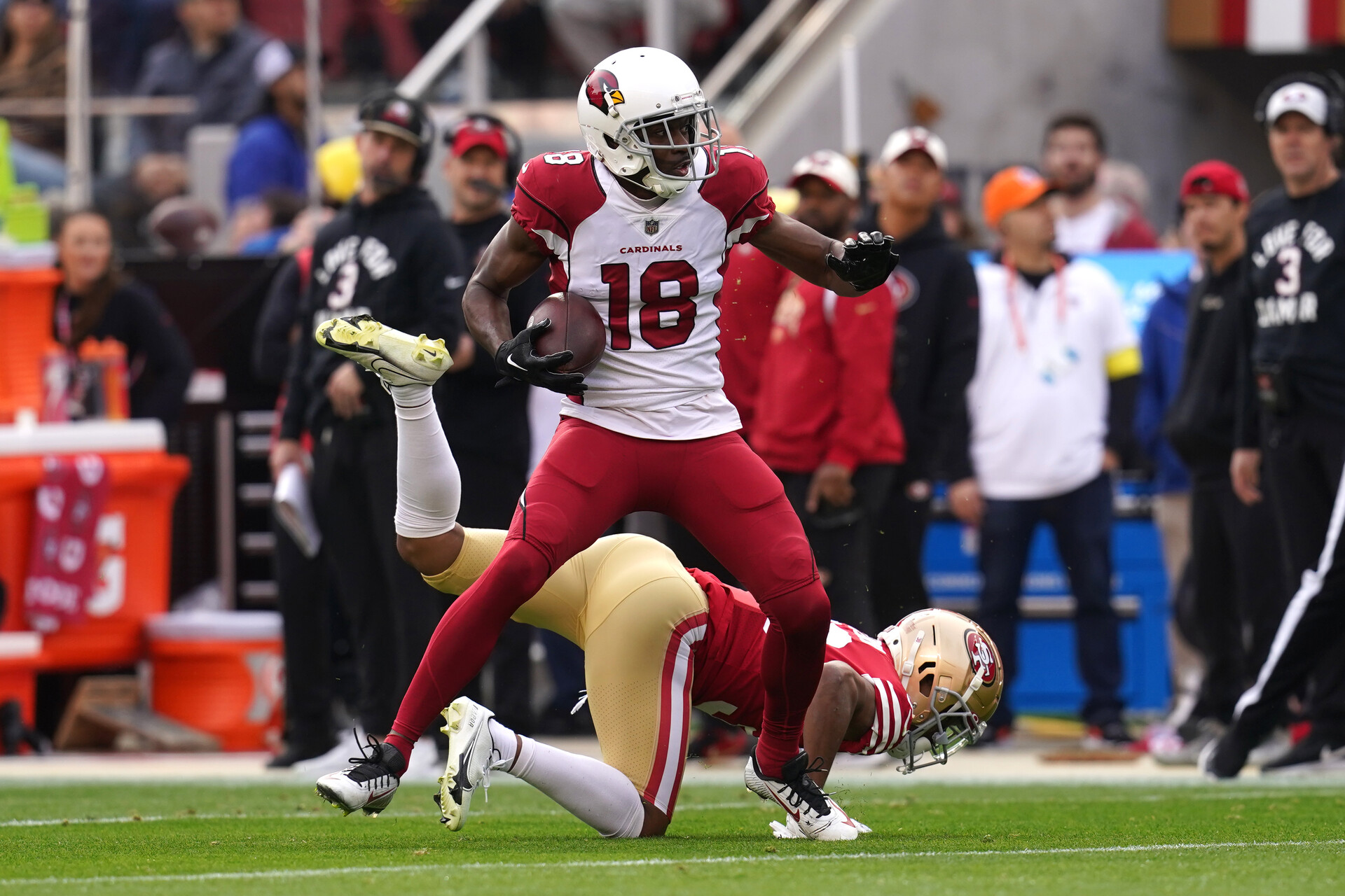 Arizona Cardinals wide receiver A.J. Green (18) catches a touchdown pass in front of San Francisco 49ers cornerback Deommodore Lenoir (38) in the first quarter at Levi's Stadium.