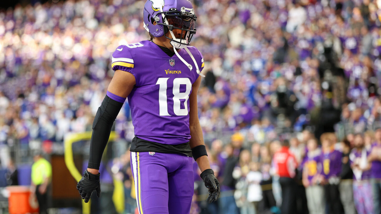Jan 15, 2023; Minneapolis, Minnesota, USA; Minnesota Vikings wide receiver Justin Jefferson (18) looks on during warmups before a wild card game against the New York Giants at U.S. Bank Stadium.