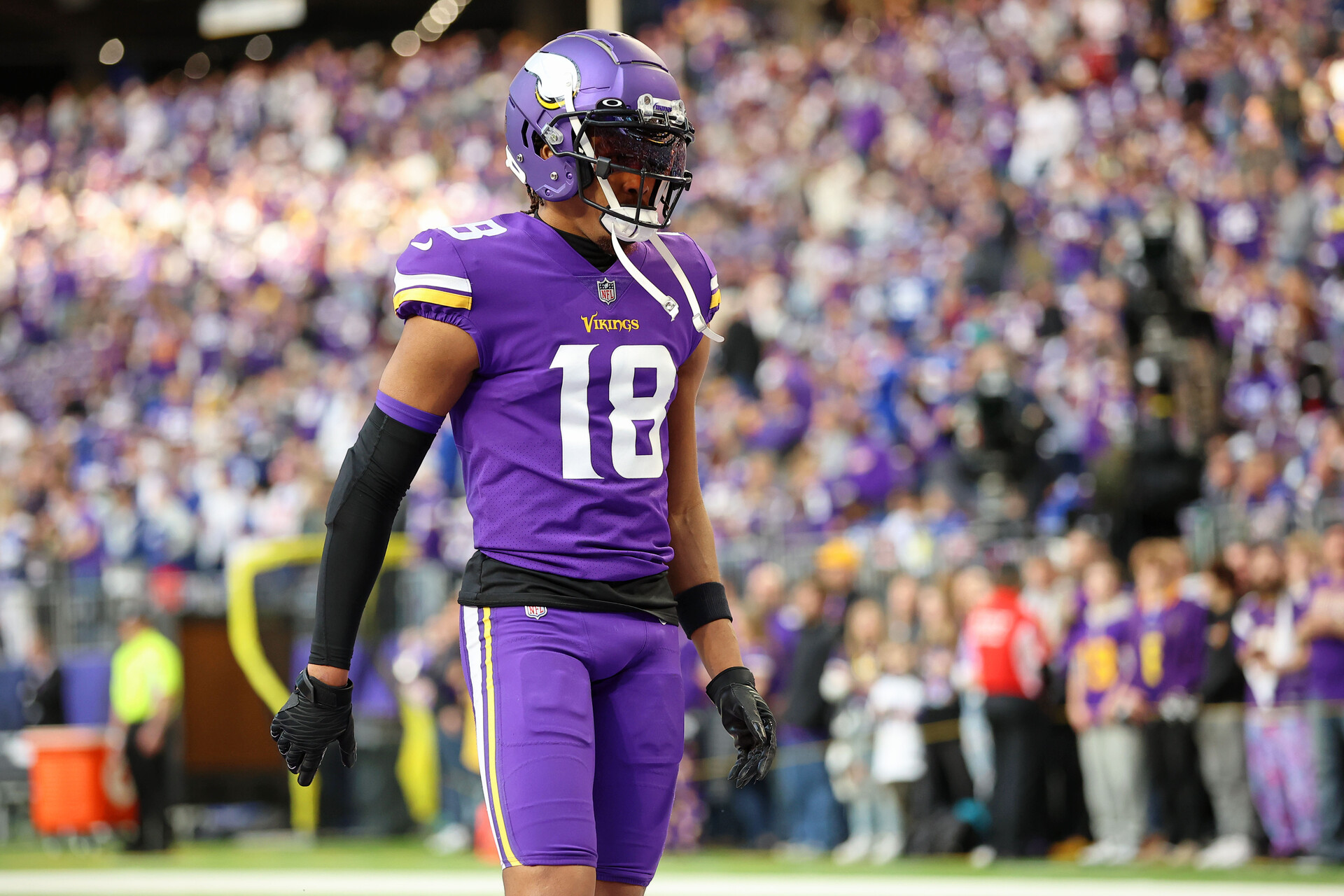 Jan 15, 2023; Minneapolis, Minnesota, USA; Minnesota Vikings wide receiver Justin Jefferson (18) looks on during warmups before a wild card game against the New York Giants at U.S. Bank Stadium.