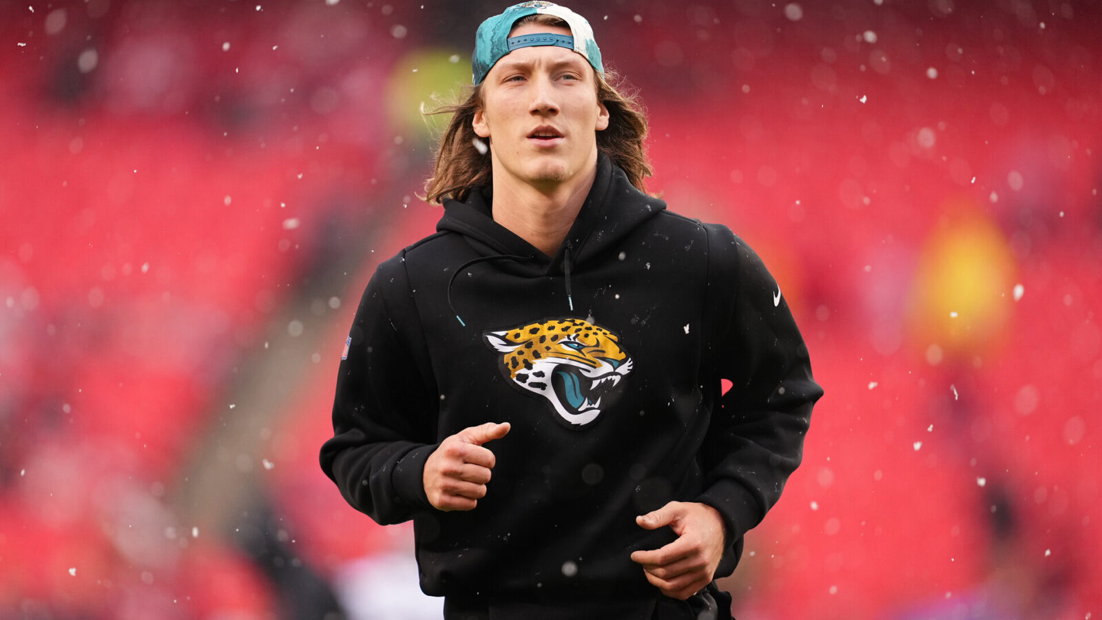 Jan 21, 2023; Kansas City, Missouri, USA; Jacksonville Jaguars quarterback Trevor Lawrence (16) before playing against the Kansas City Chiefs in the AFC divisional round game at GEHA Field at Arrowhead Stadium.