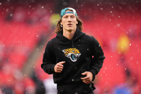 Jan 21, 2023; Kansas City, Missouri, USA; Jacksonville Jaguars quarterback Trevor Lawrence (16) before playing against the Kansas City Chiefs in the AFC divisional round game at GEHA Field at Arrowhead Stadium.