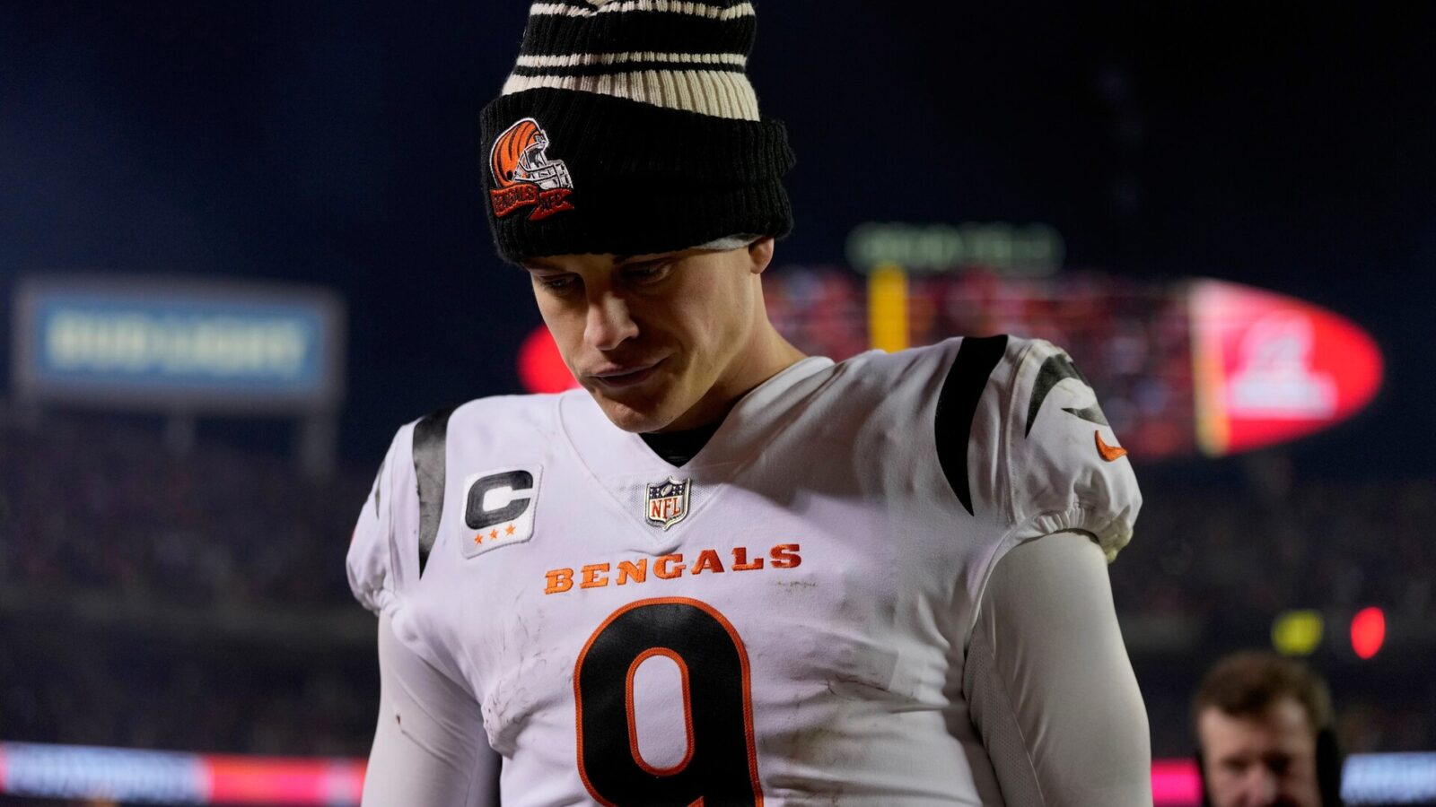 Cincinnati Bengals Joe Burrow walks off the field after the Kansas City Chief beat the Bengals 23-20 for the AFC Championship at GEHA Field at Arrowhead Stadium in Kansas City, Missouri Sunday January 29, 2023.