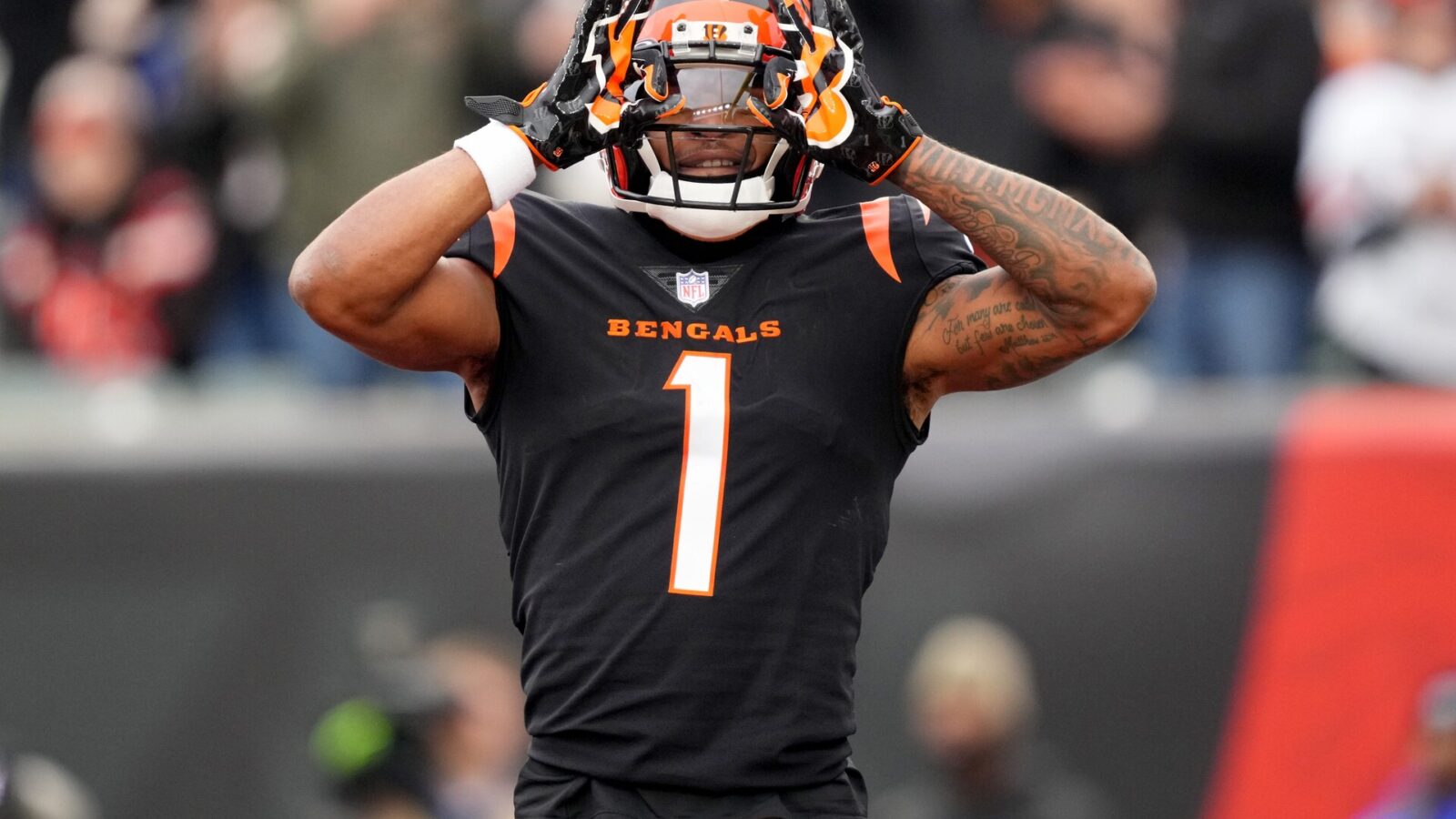 Cincinnati Bengals wide receiver Ja'Marr Chase (1) celebrates a touchdown catch in the second quarter during a Week 14 NFL game against the Cleveland Browns, Sunday, Dec. 11, 2022, at Paycor Stadium in Cincinnati.