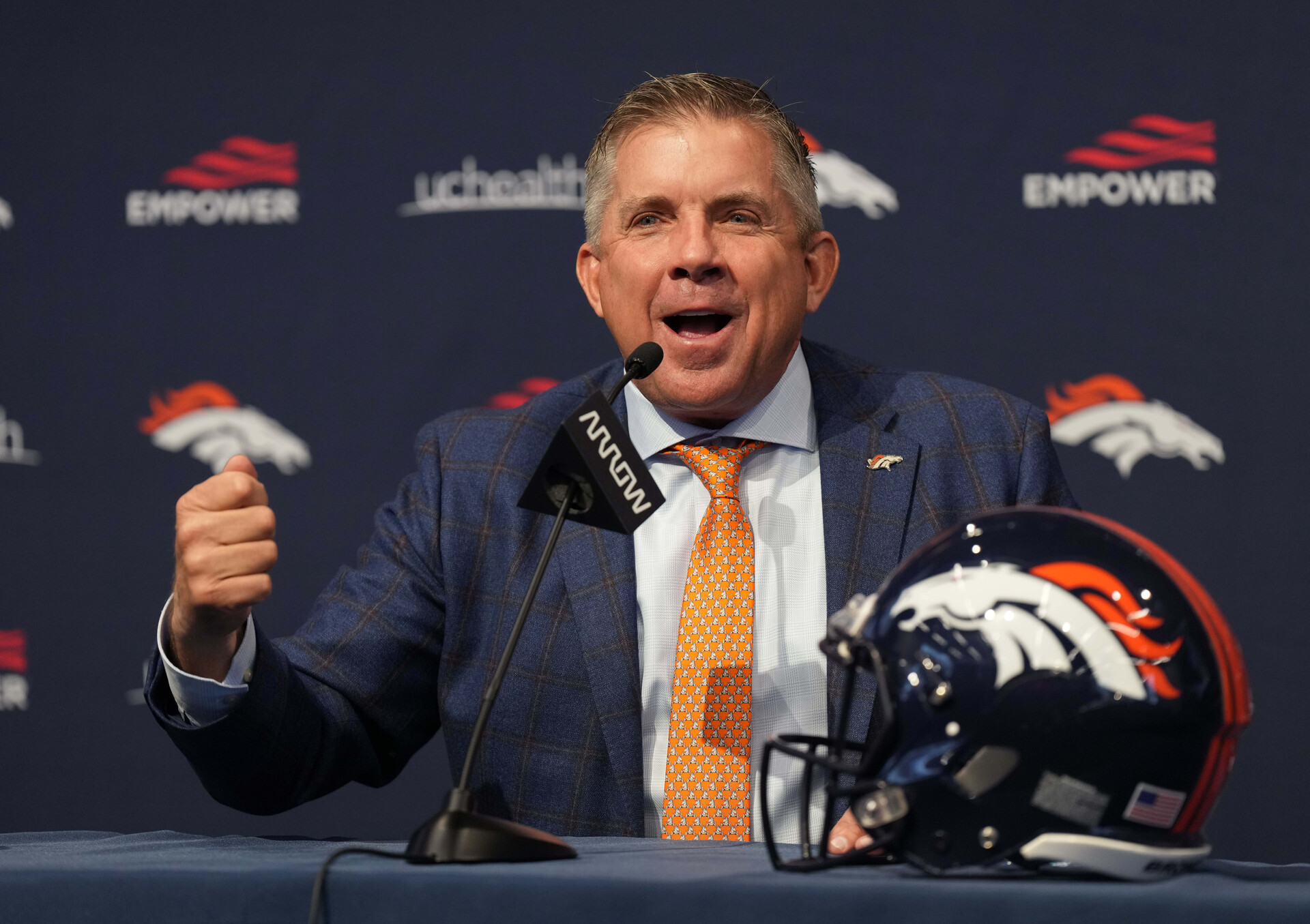 Denver Broncos head coach Sean Payton speaks at the UCHealth Training Center.