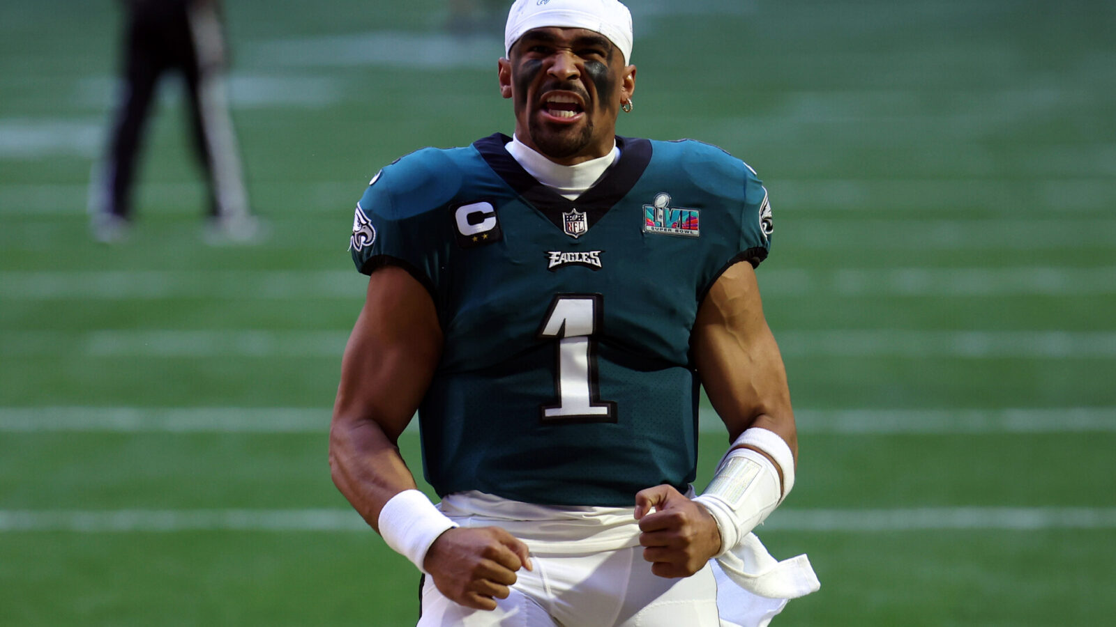 Feb 12, 2023; Glendale, Arizona, US; Philadelphia Eagles quarterback Jalen Hurts (1) reacts before the start of Super Bowl LVII against the Kansas City Chiefs at State Farm Stadium.