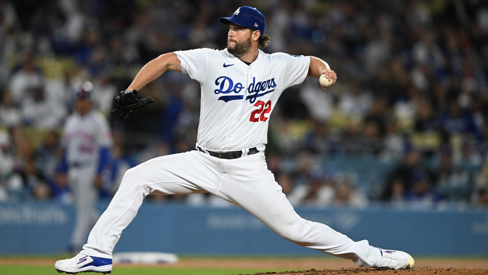 Apr 18, 2023; Los Angeles, California, USA; Los Angeles Dodgers starting pitcher Clayton Kershaw (22) on the mound in the seventh inning against the New York Mets at Dodger Stadium.