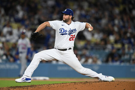 Apr 18, 2023; Los Angeles, California, USA; Los Angeles Dodgers starting pitcher Clayton Kershaw (22) on the mound in the seventh inning against the New York Mets at Dodger Stadium.