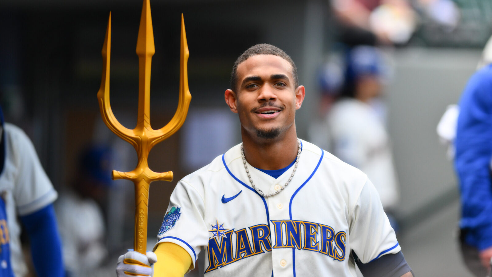 Seattle Mariners center fielder Julio Rodriguez (44) celebrates after hitting a home run against the Houston Astros during the third inning at T-Mobile Park.
