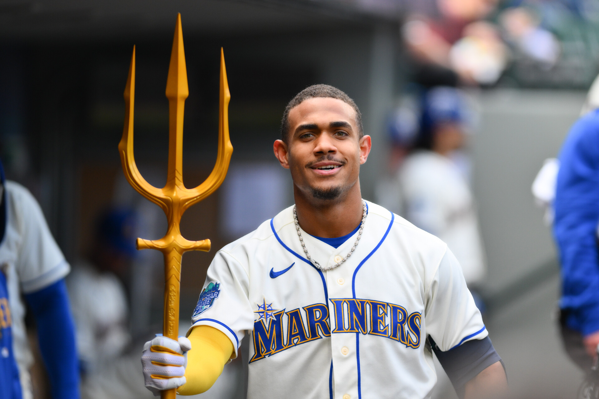 Seattle Mariners center fielder Julio Rodriguez (44) celebrates after hitting a home run against the Houston Astros during the third inning at T-Mobile Park.
