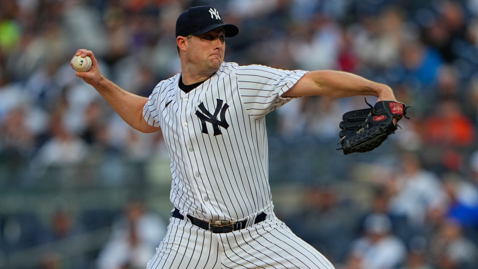May 23, 2023; Bronx, New York, USA; New York Yankees pitcher Gerrit Cole (45) delivers a pitch against the Baltimore Orioles during the first inning at Yankee Stadium.