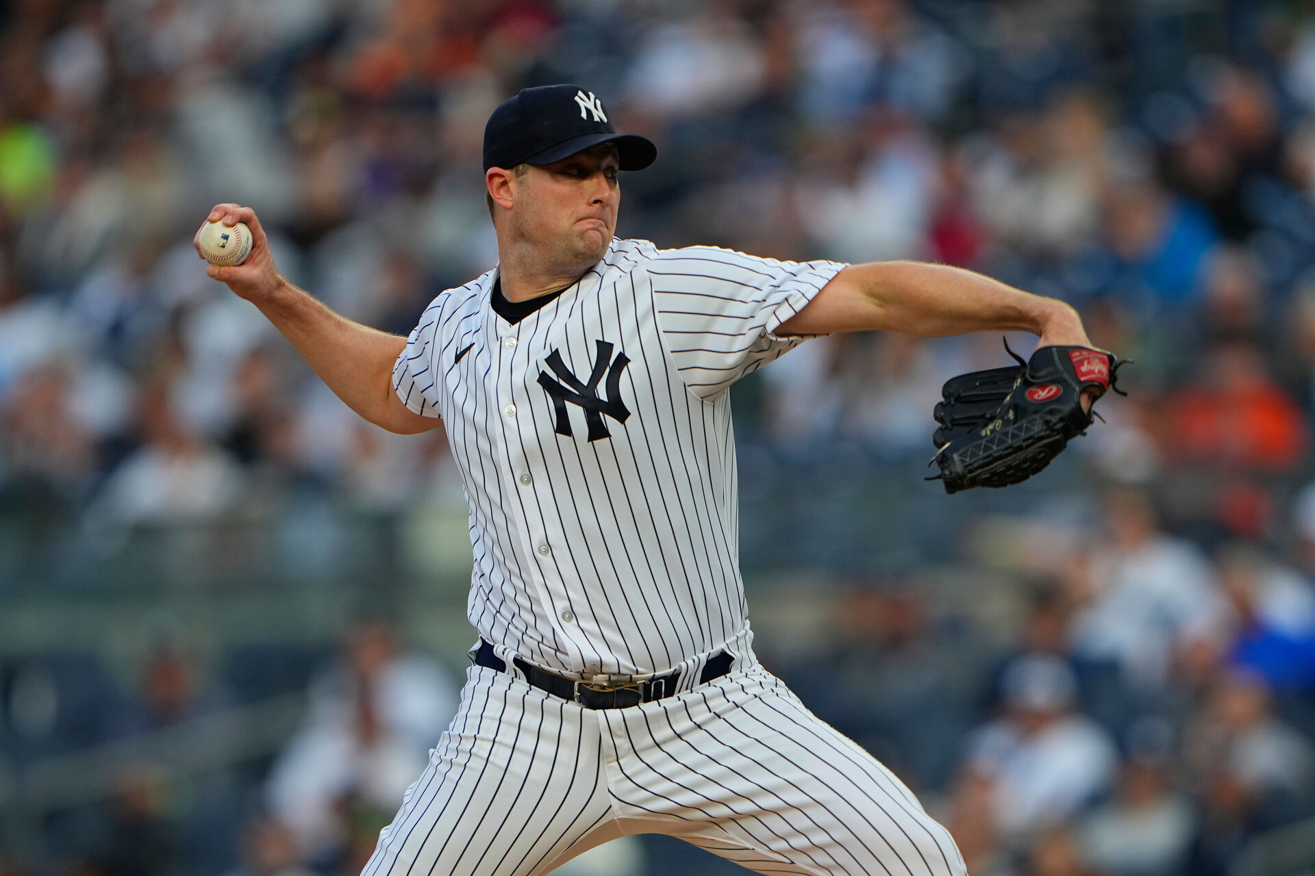 May 23, 2023; Bronx, New York, USA; New York Yankees pitcher Gerrit Cole (45) delivers a pitch against the Baltimore Orioles during the first inning at Yankee Stadium.
