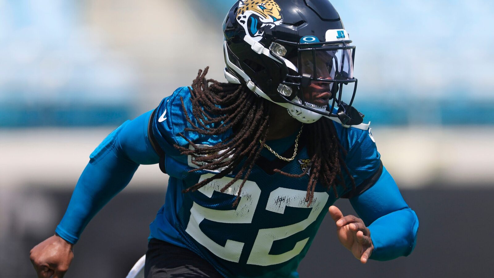 Jacksonville Jaguars running back JaMycal Hasty (22) runs a play during an organized team activity Tuesday, May 30, 2023 at TIAA Bank Field in Jacksonville, Fla.