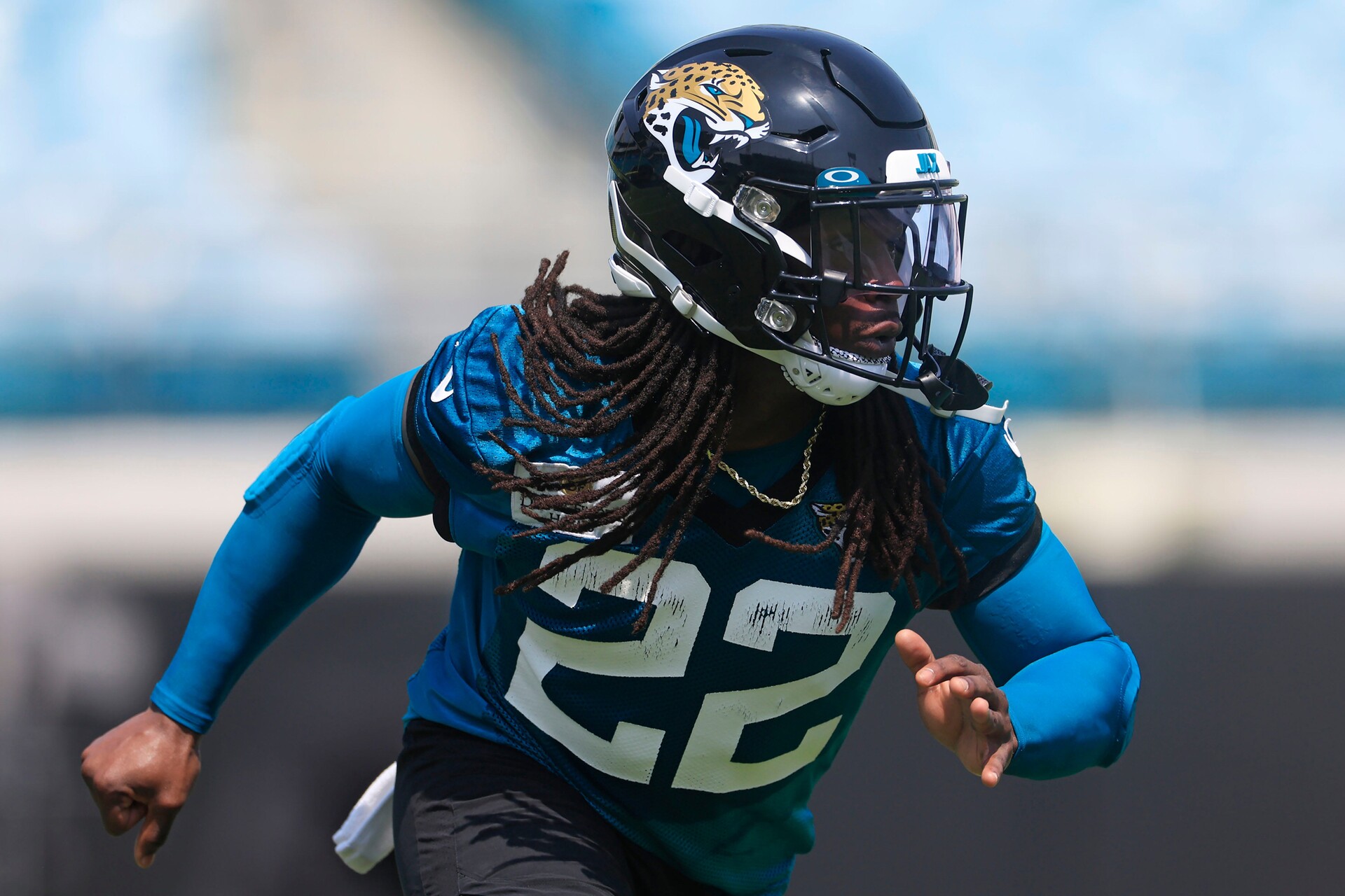 Jacksonville Jaguars running back JaMycal Hasty (22) runs a play during an organized team activity Tuesday, May 30, 2023 at TIAA Bank Field in Jacksonville, Fla.