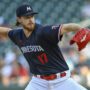 Minnesota Twins pitcher Bailey Ober (17) delivers a pitch against the Boston Red Sox during the first inning at Target Field.