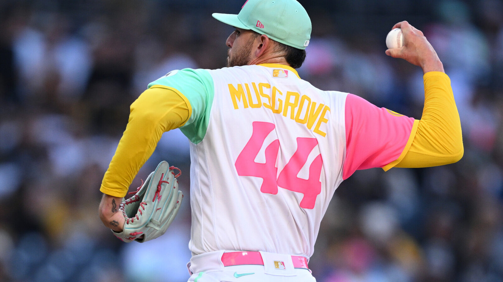 Jun 23, 2023; San Diego, California, USA; San Diego Padres starting pitcher Joe Musgrove (44) throws a pitch against the Washington Nationals during the first inning at Petco Park.