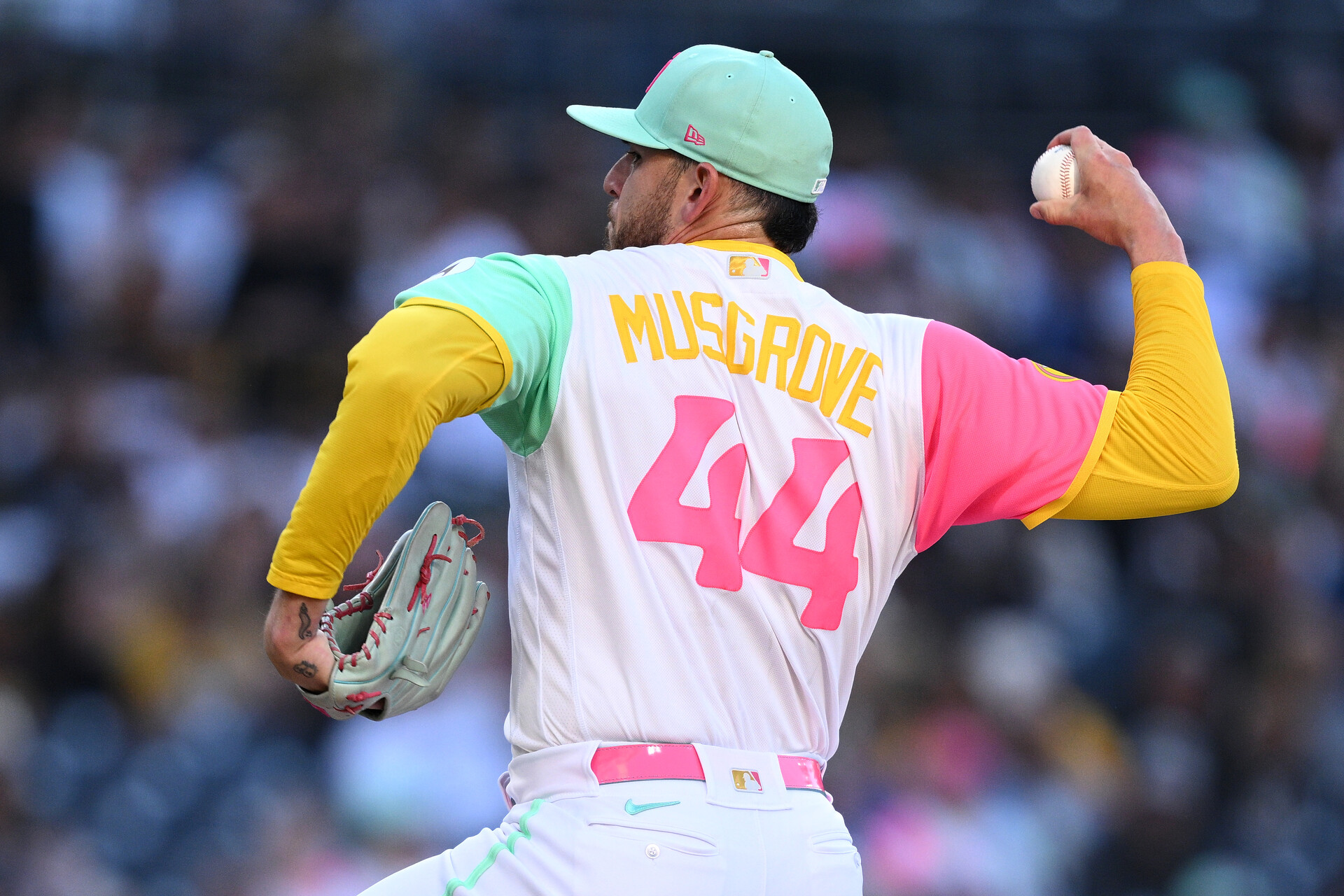 Jun 23, 2023; San Diego, California, USA; San Diego Padres starting pitcher Joe Musgrove (44) throws a pitch against the Washington Nationals during the first inning at Petco Park.