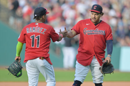 Jun 24, 2023; Cleveland, Ohio, USA; Cleveland Guardians third baseman Jose Ramirez (11) and first baseman Josh Naylor (22) celebrate after the Guardians beat the Milwaukee Brewers at Progressive Field.