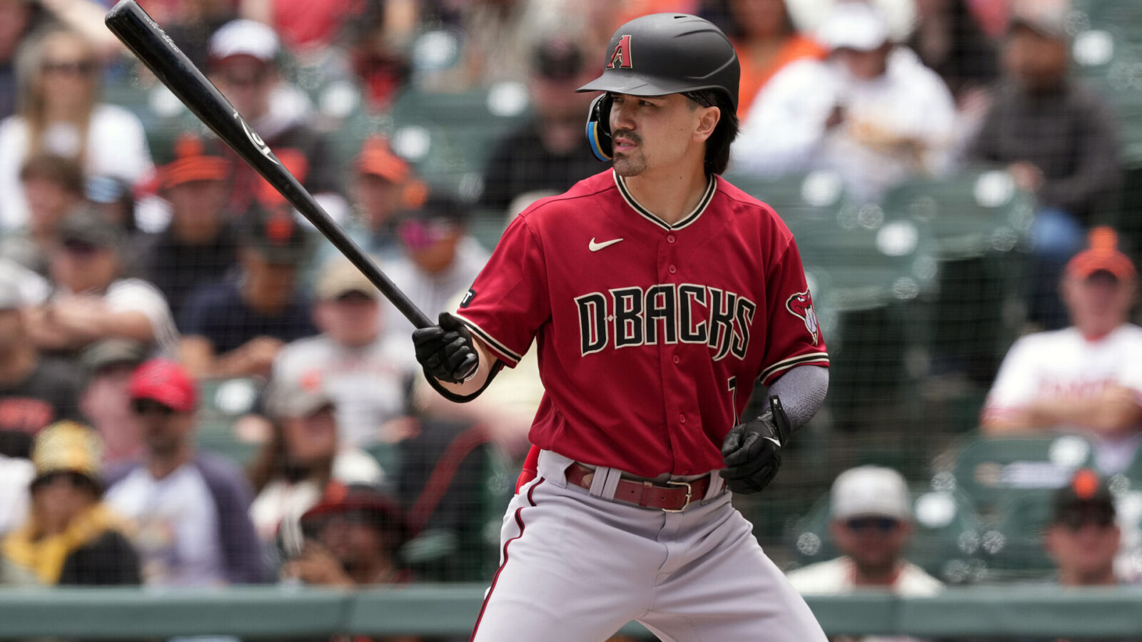 Jun 25, 2023; San Francisco, California, USA; Arizona Diamondbacks left fielder Corbin Carroll (7) bats against the San Francisco Giants during the first inning at Oracle Park.