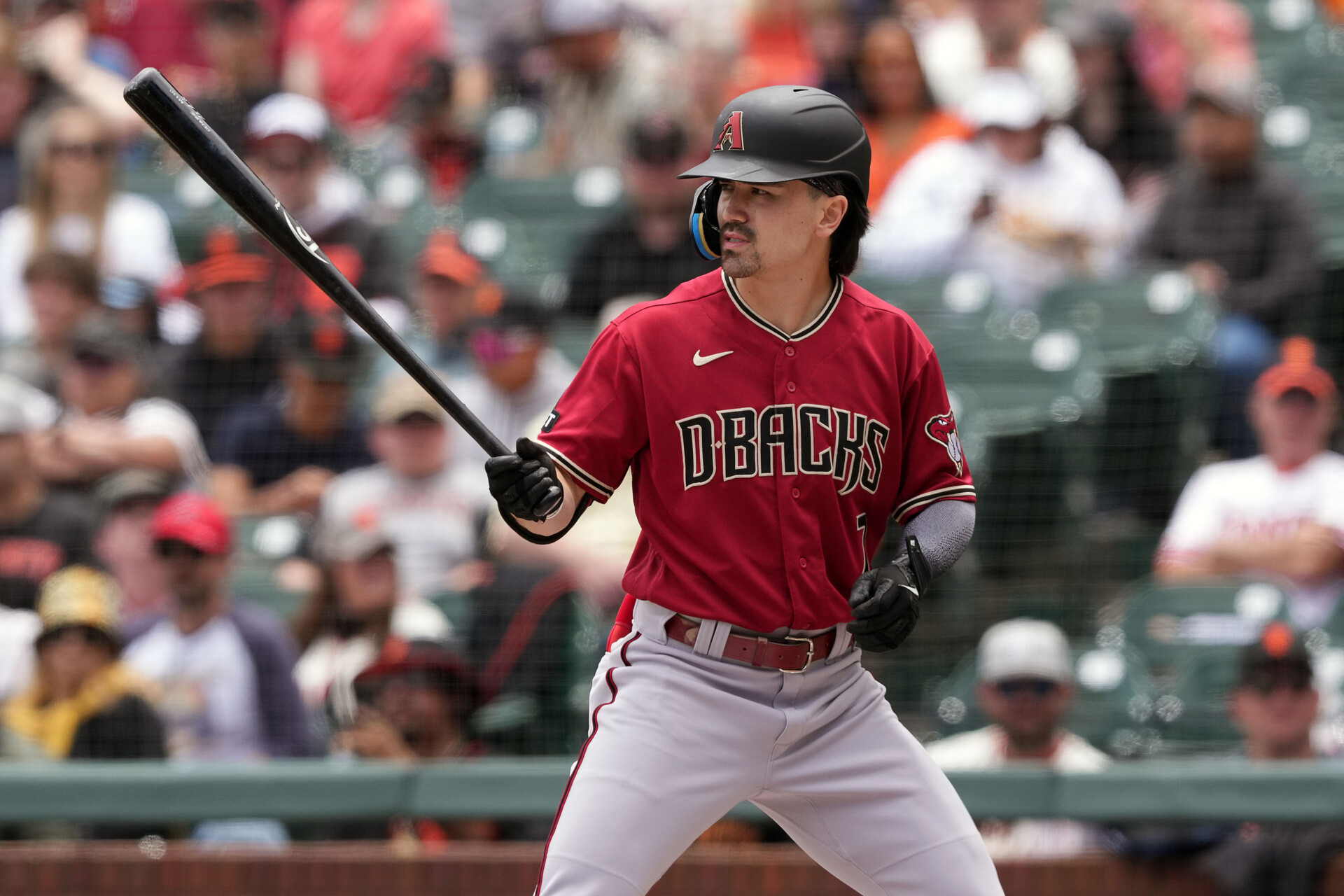 Jun 25, 2023; San Francisco, California, USA; Arizona Diamondbacks left fielder Corbin Carroll (7) bats against the San Francisco Giants during the first inning at Oracle Park.