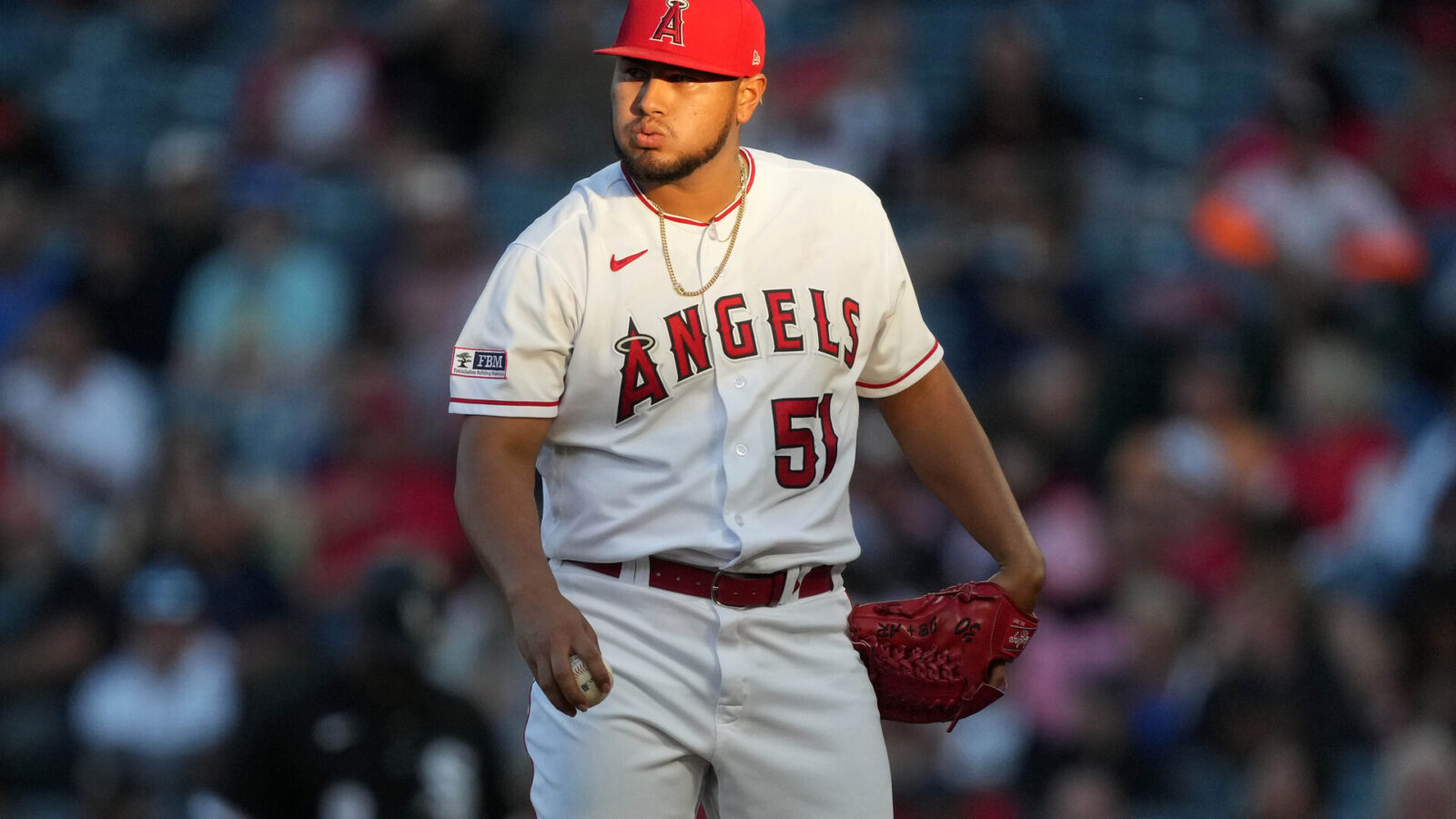 Jun 28, 2023; Anaheim, California, USA; Los Angeles Angels relief pitcher Jaime Barria (51) reacts in the third inning against the Chicago White Sox at Angel Stadium.