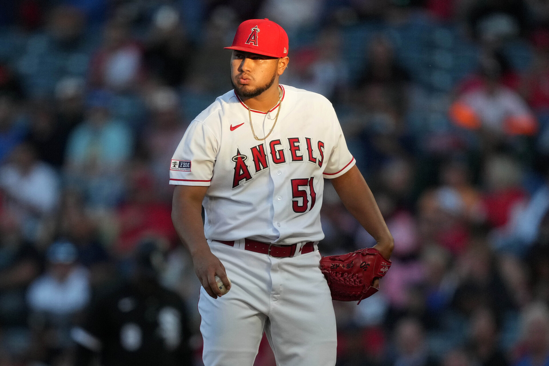 Jun 28, 2023; Anaheim, California, USA; Los Angeles Angels relief pitcher Jaime Barria (51) reacts in the third inning against the Chicago White Sox at Angel Stadium.