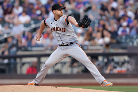 Jun 30, 2023; New York City, New York, USA; San Francisco Giants starting pitcher Alex Cobb (38) pitches against the New York Mets during the first inning at Citi Field.
