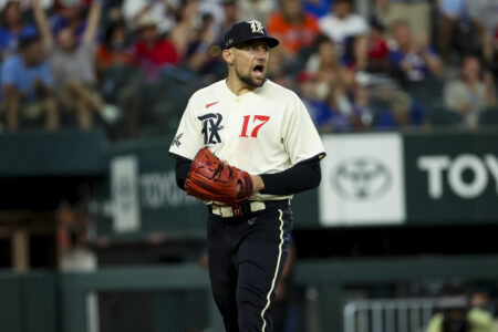Jul 1, 2023; Arlington, Texas, USA; Texas Rangers starting pitcher Nathan Eovaldi (17) reacts after the seventh inning against the Houston Astros at Globe Life Field.