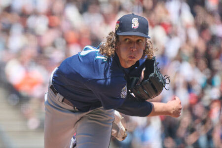Seattle Mariners pitcher Logan Gilbert (36) throws a pitch against the San Francisco Giants during the first inning at Oracle Park.