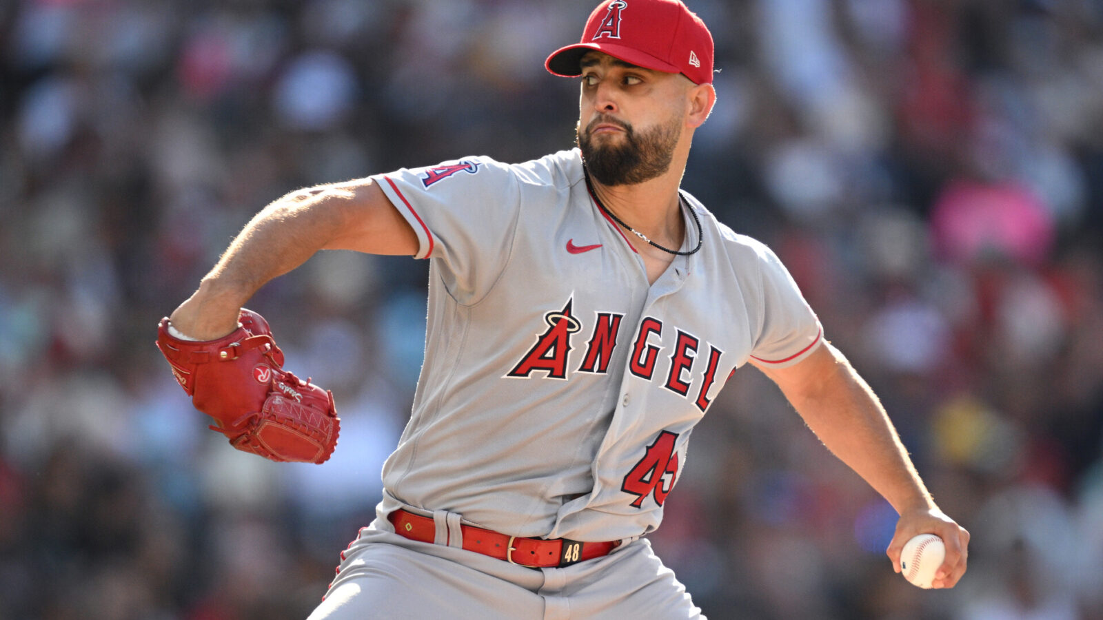Jul 5, 2023; San Diego, California, USA; Los Angeles Angels starting pitcher Patrick Sandoval (43) throws a pitch against the San Diego Padres during the first inning at Petco Park.