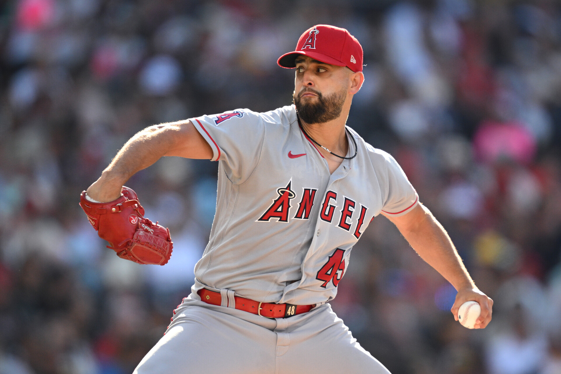 Jul 5, 2023; San Diego, California, USA; Los Angeles Angels starting pitcher Patrick Sandoval (43) throws a pitch against the San Diego Padres during the first inning at Petco Park.