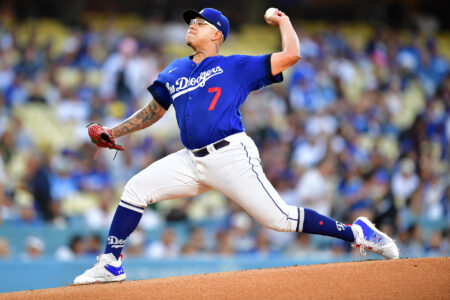 Jul 6, 2023; Los Angeles, California, USA; Los Angeles Dodgers starting pitcher Julio Urias (7) throws against the Pittsburgh Pirates during the first inning at Dodger Stadium.