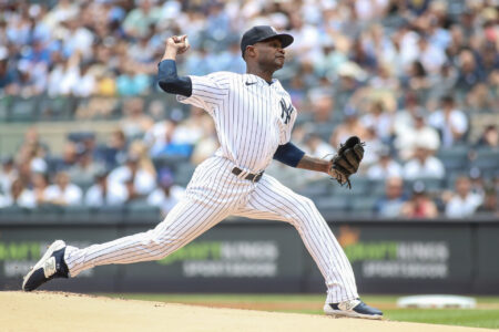 Jul 9, 2023; Bronx, New York, USA; New York Yankees starting pitcher Domingo German (0) pitches in the first inning against the Chicago Cubs at Yankee Stadium.