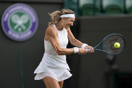 Jul 9, 2023; London, United Kingdom; Victoria Azarenka returns a shot during her match against Elina Svitolina (UKR) on day seven at the All England Lawn Tennis and Croquet Club.