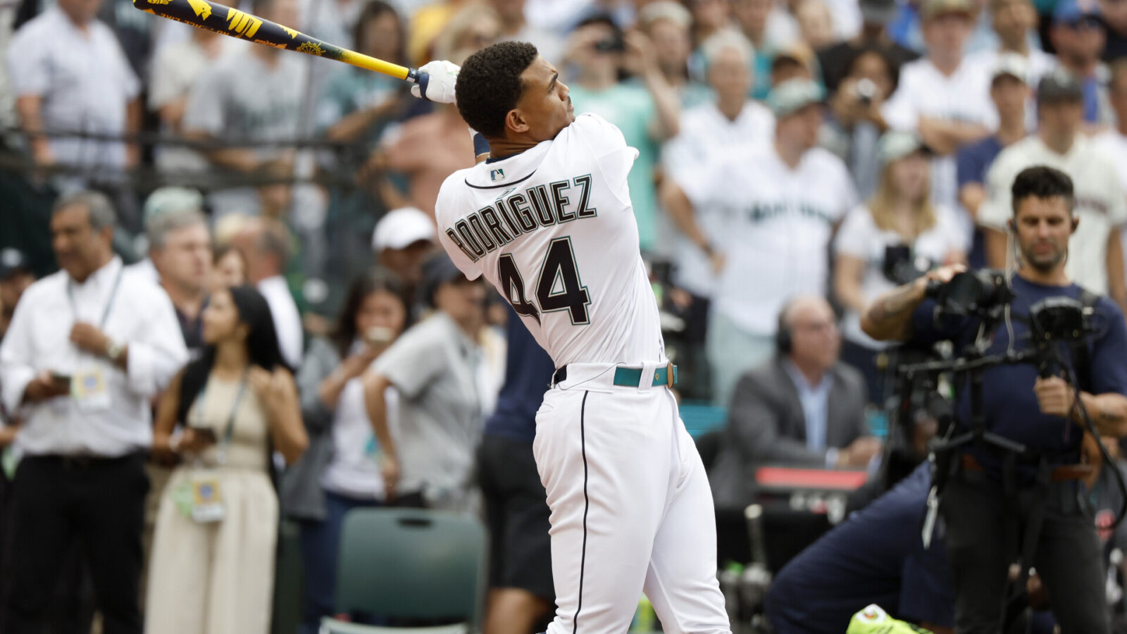 Jul 10, 2023; Seattle, Washington, USA; Seattle Mariners center fielder Julio Rodriguez (44) during the All-Star Home Run Derby at T-Mobile Park.