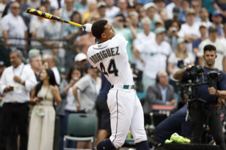 Jul 10, 2023; Seattle, Washington, USA; Seattle Mariners center fielder Julio Rodriguez (44) during the All-Star Home Run Derby at T-Mobile Park.