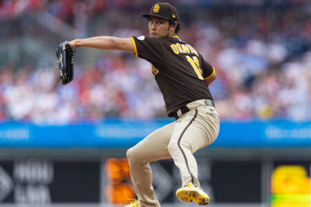 Jul 14, 2023; Philadelphia, Pennsylvania, USA; San Diego Padres starting pitcher Yu Darvish (11) throws a pitch during the second inning against the Philadelphia Phillies at Citizens Bank Park.