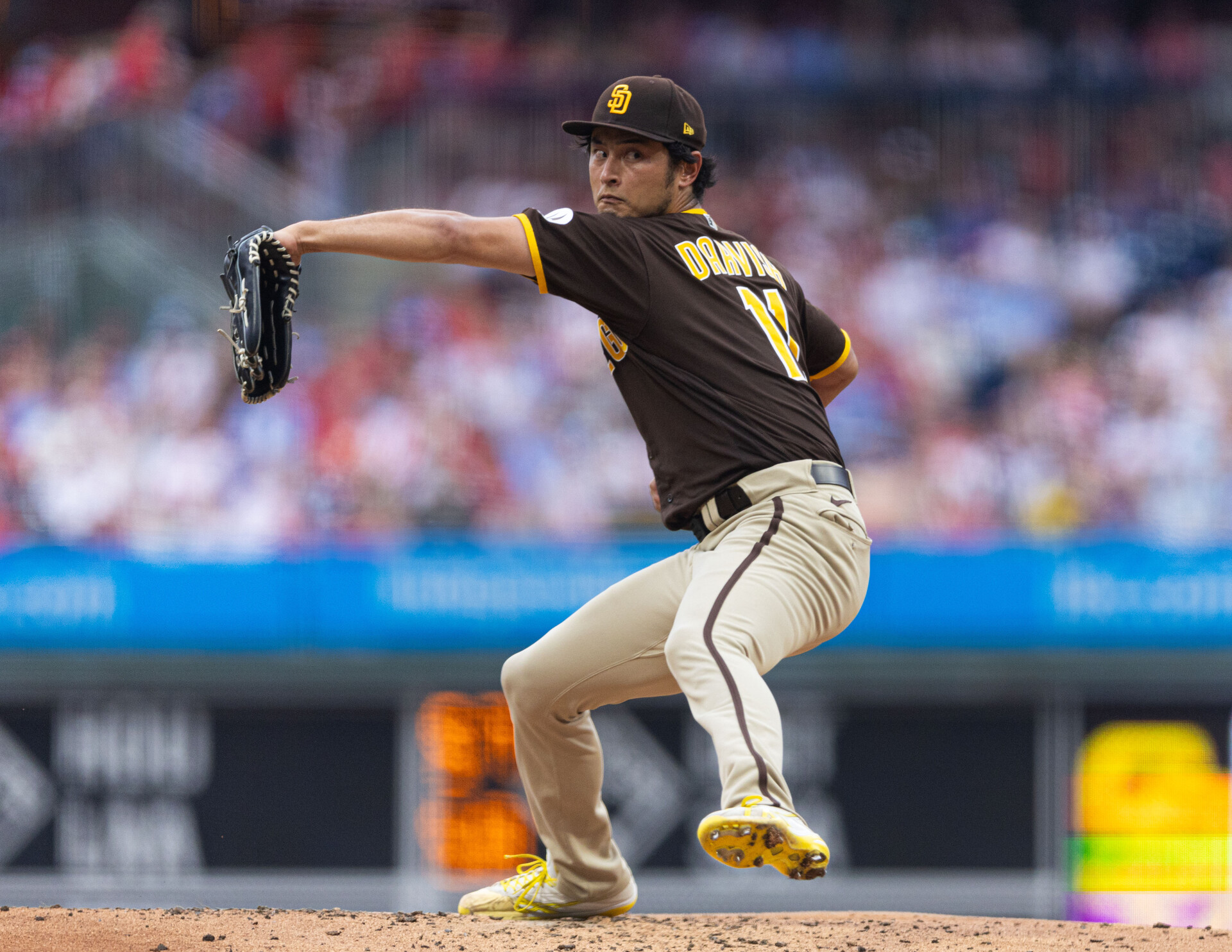 Jul 14, 2023; Philadelphia, Pennsylvania, USA; San Diego Padres starting pitcher Yu Darvish (11) throws a pitch during the second inning against the Philadelphia Phillies at Citizens Bank Park.