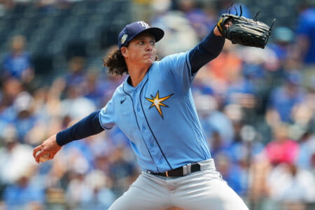 Jul 15, 2023; Kansas City, Missouri, USA; Tampa Bay Rays starting pitcher Tyler Glasnow (20) pitches during the first inning against the Kansas City Royals at Kauffman Stadium.