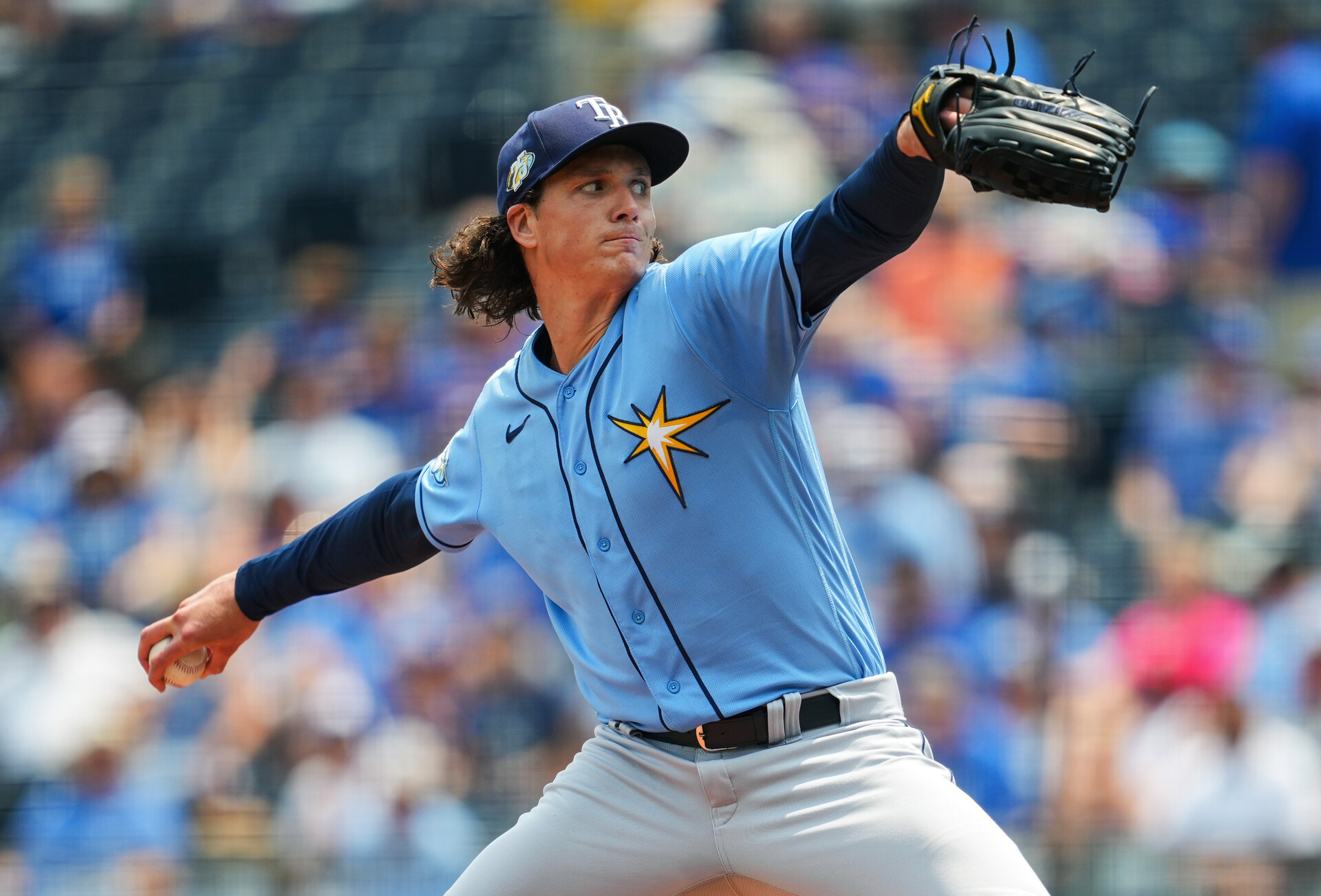 Jul 15, 2023; Kansas City, Missouri, USA; Tampa Bay Rays starting pitcher Tyler Glasnow (20) pitches during the first inning against the Kansas City Royals at Kauffman Stadium.