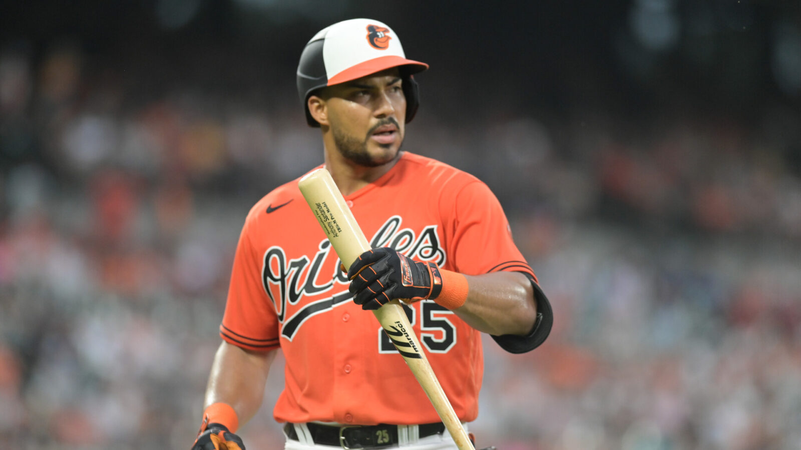 Jul 15, 2023; Baltimore, Maryland, USA; Baltimore Orioles right fielder Anthony Santander (25) stand son the fields after flying out inn the third inning against the Miami Marlins at Oriole Park at Camden Yards.