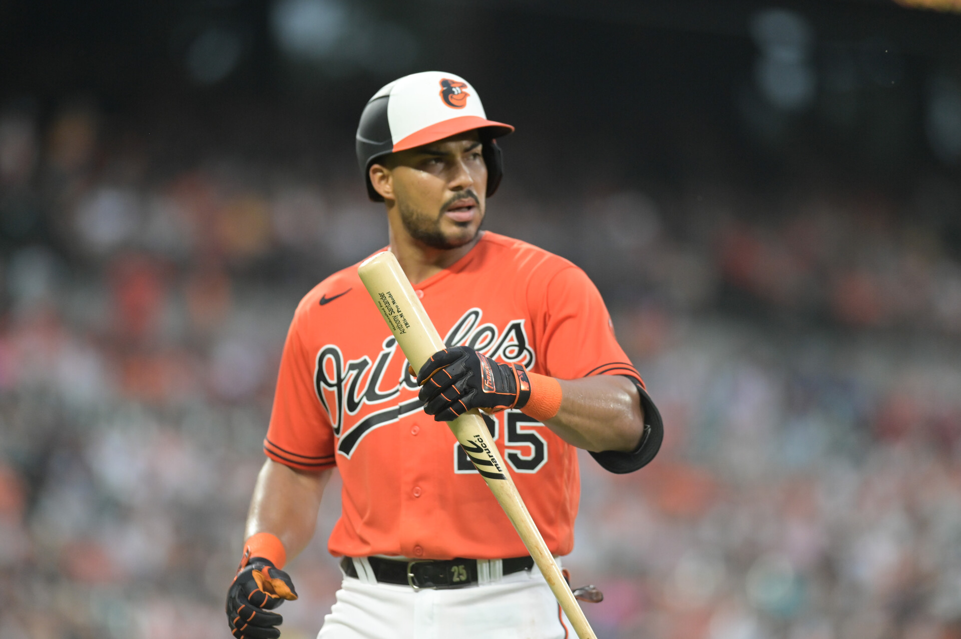 Jul 15, 2023; Baltimore, Maryland, USA; Baltimore Orioles right fielder Anthony Santander (25) stand son the fields after flying out inn the third inning against the Miami Marlins at Oriole Park at Camden Yards.