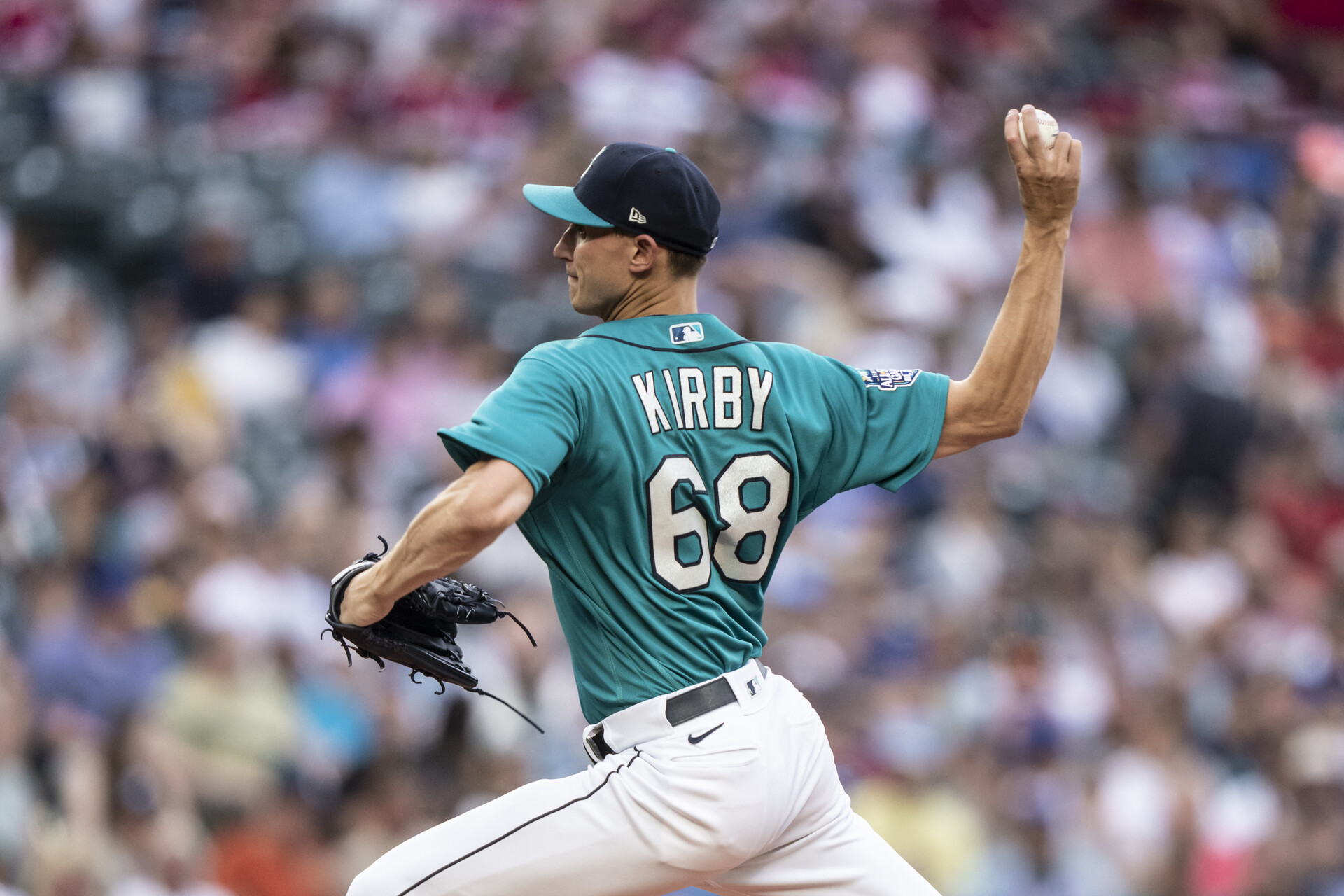 Jul 15, 2023; Seattle, Washington, USA; Seattle Mariners starter George Kirby (68) delivers a pitch during the fourth inning against the Detroit Tigers at T-Mobile Park