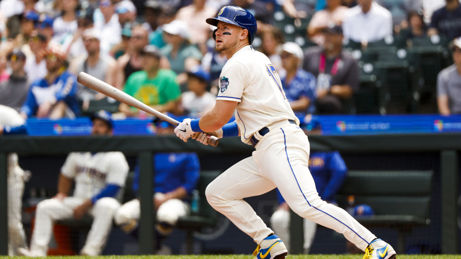 Jul 16, 2023; Seattle, Washington, USA; Seattle Mariners left fielder Jarred Kelenic (10) hits an RBI-double against the Detroit Tigers during the first inning at T-Mobile Park.